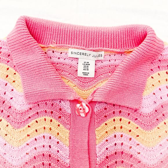 Sincerely Jules Crotcheted Short Sleeve Striped Cardigan Top Size Medium - Picture 2 of 5